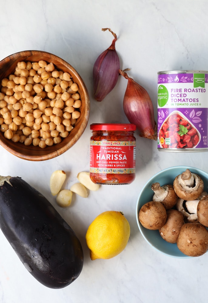 ingredients to make harissa chickpea skillet
