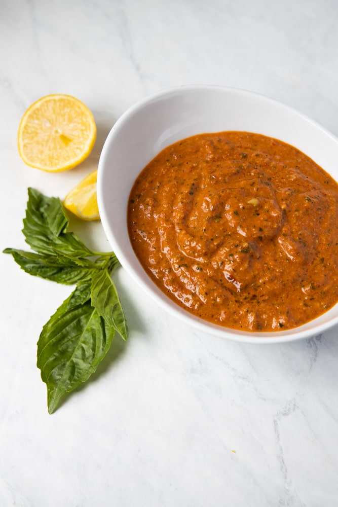 roasted red pepper pesto in a decorative bowl