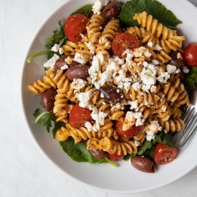 romesco pasta salad in a bowl