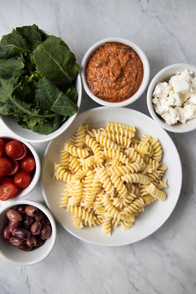 ingredients prepped for red pepper pesto pasta salad