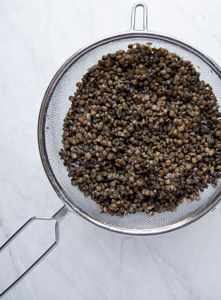 lentils draining in a colander