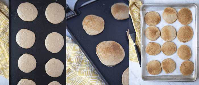 banana pancakes being cooked on a griddle