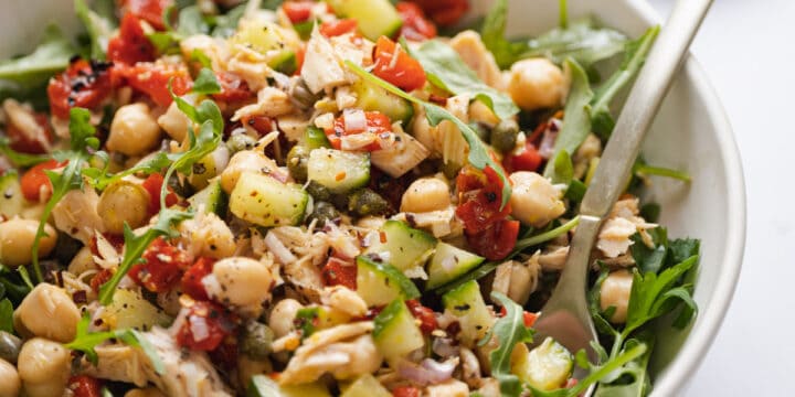 white bowl filled with Mediterranean tuna salad
