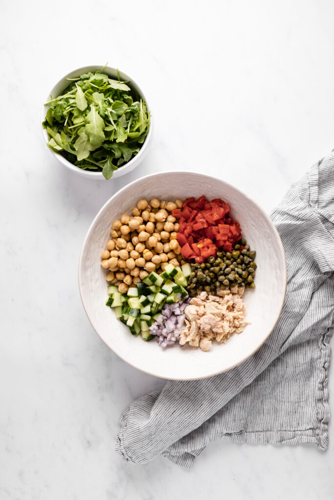 Tuna salad without mayo ingredients in a big mixing bowl.