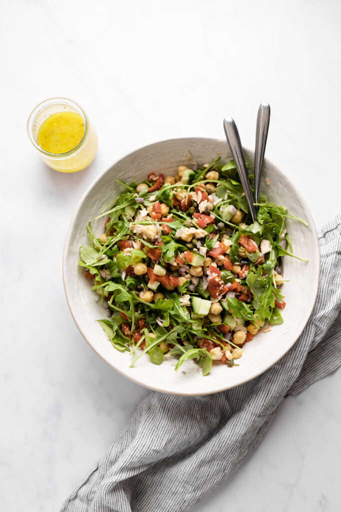 Tuna salad without mayo mixed with arugula.