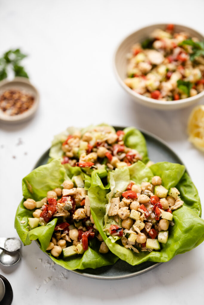 Lettuce leaves filled with tuna salad mixture.