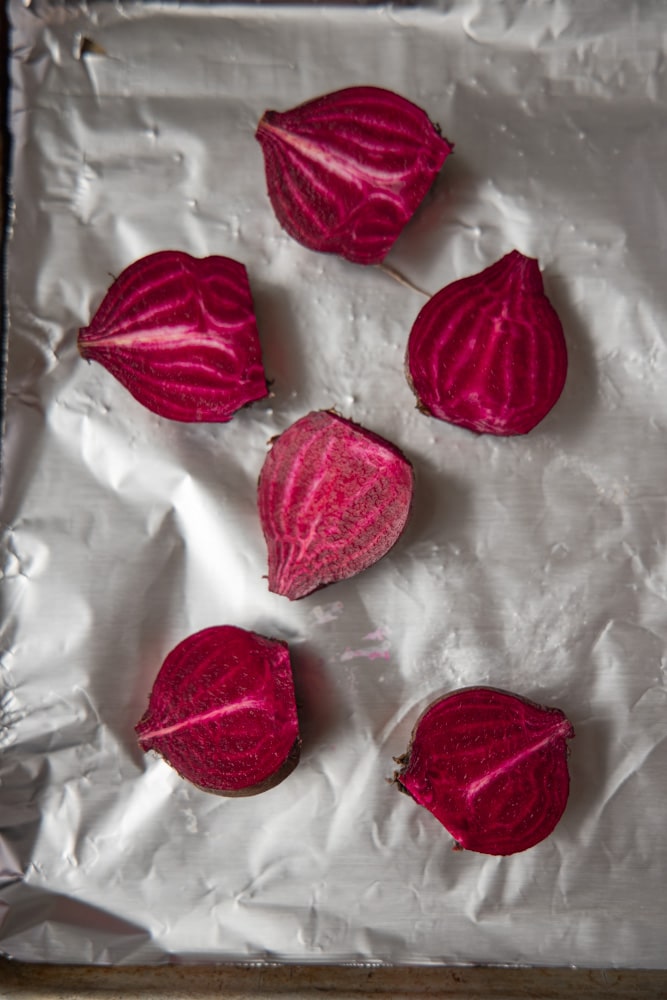 halved beets on a sheet pan