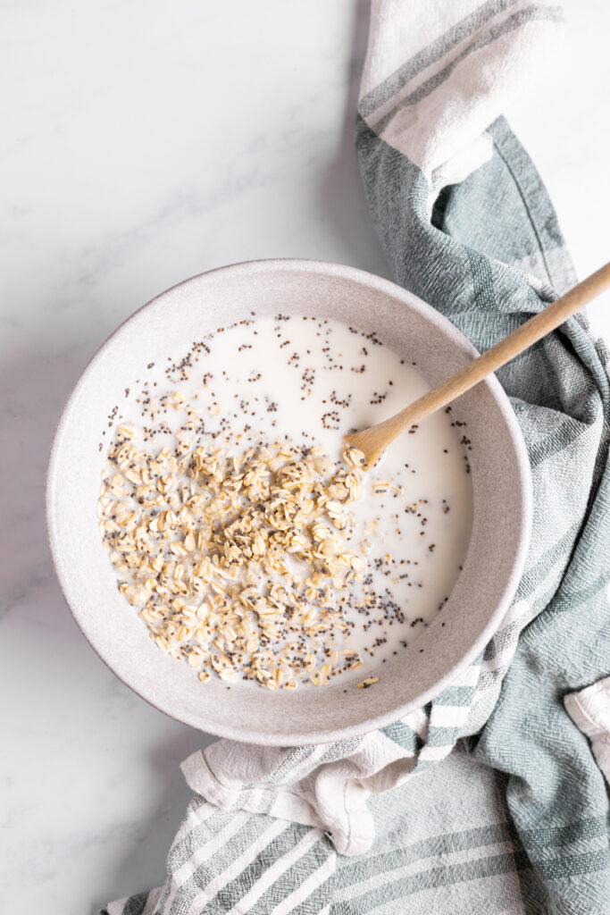 Overnight chia oats in a mixing bowl.