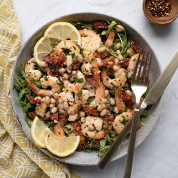 overhead show of salad bowl with shrimp mix
