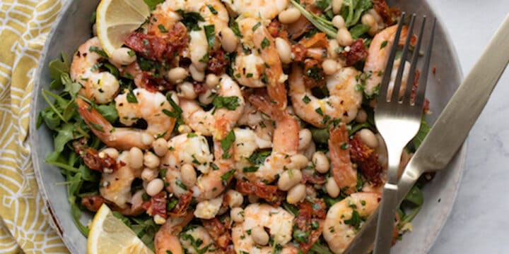 overhead show of salad bowl with shrimp mix