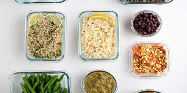 overhead photos of all the individual ingredients prepped in glass containers