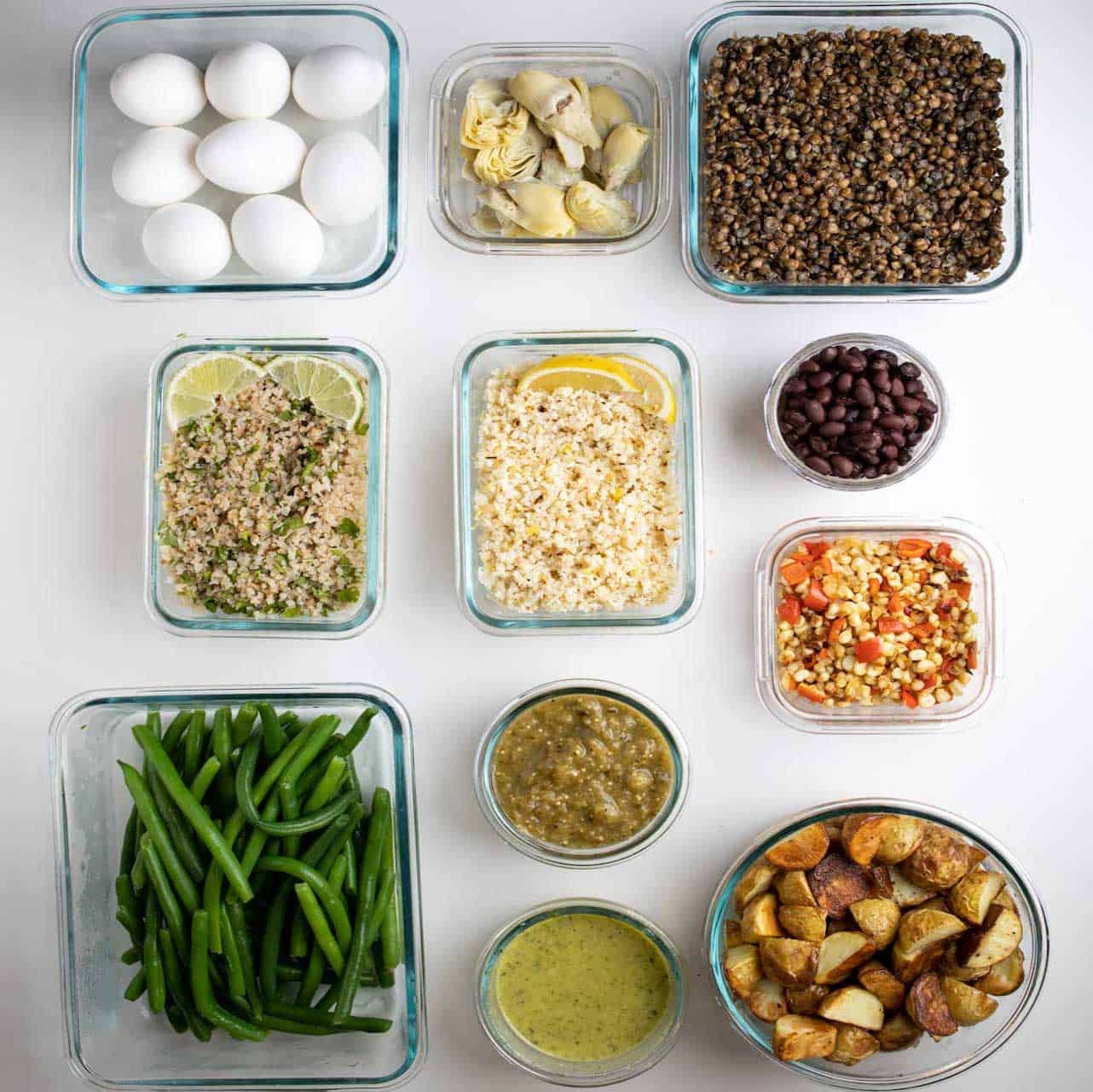 overhead photos of all the individual ingredients prepped in glass containers