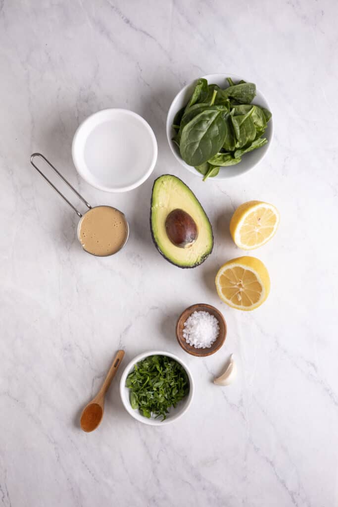 avocado tahini sauce ingredients in individual bowls