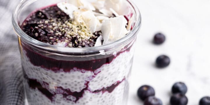 keto blueberry chia pudding in a mason jar