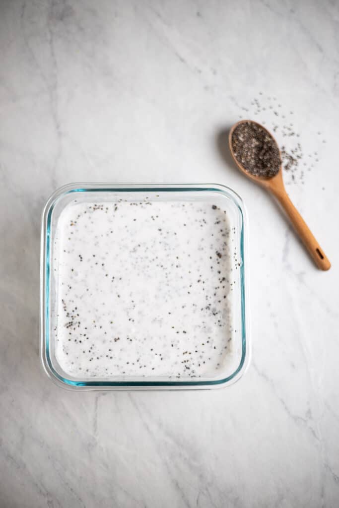 coconut chia pudding in a glass meal prep container