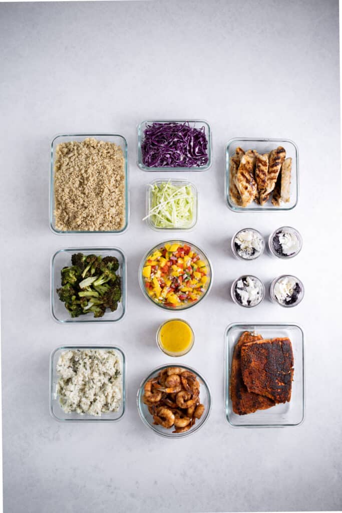 meal prepped ingredients in glass containers