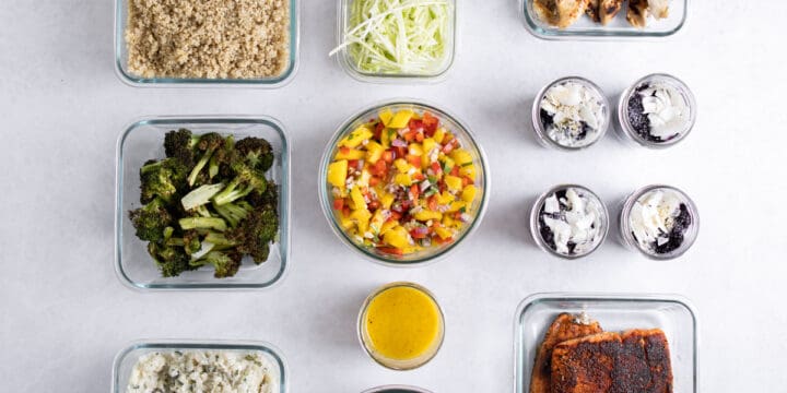 meal prepped ingredients in glass containers