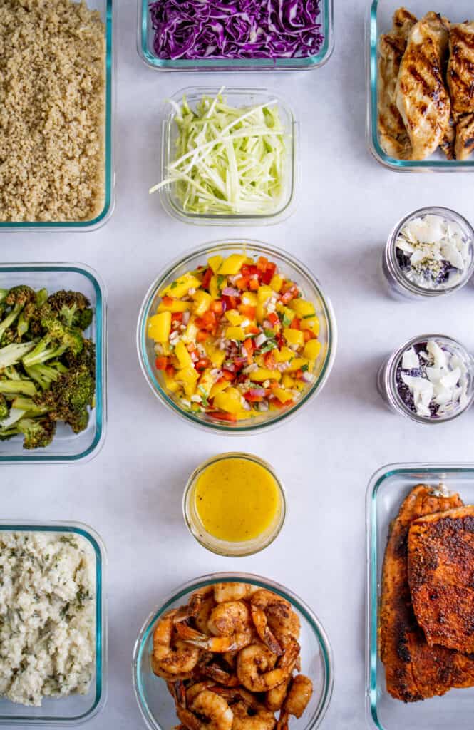 meal prepped ingredients in glass containers