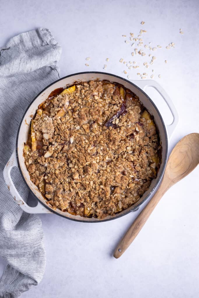 baked nectarine crumble in a baking dish