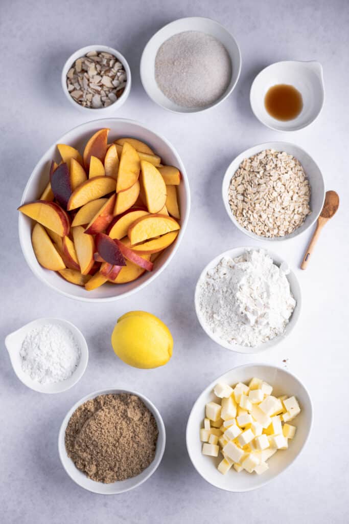 ingredients for crumble portioned into individual bowls