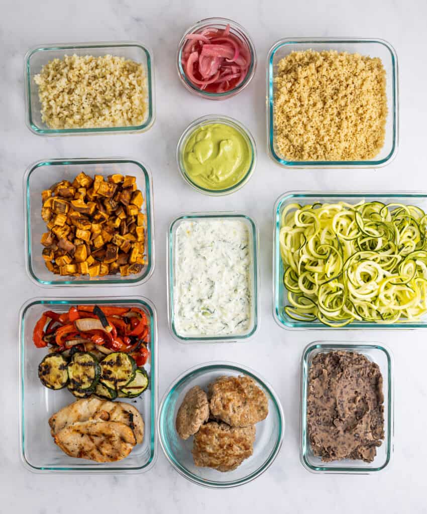 individually prepped ingredients in containers