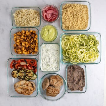 individually prepped ingredients in glass containers
