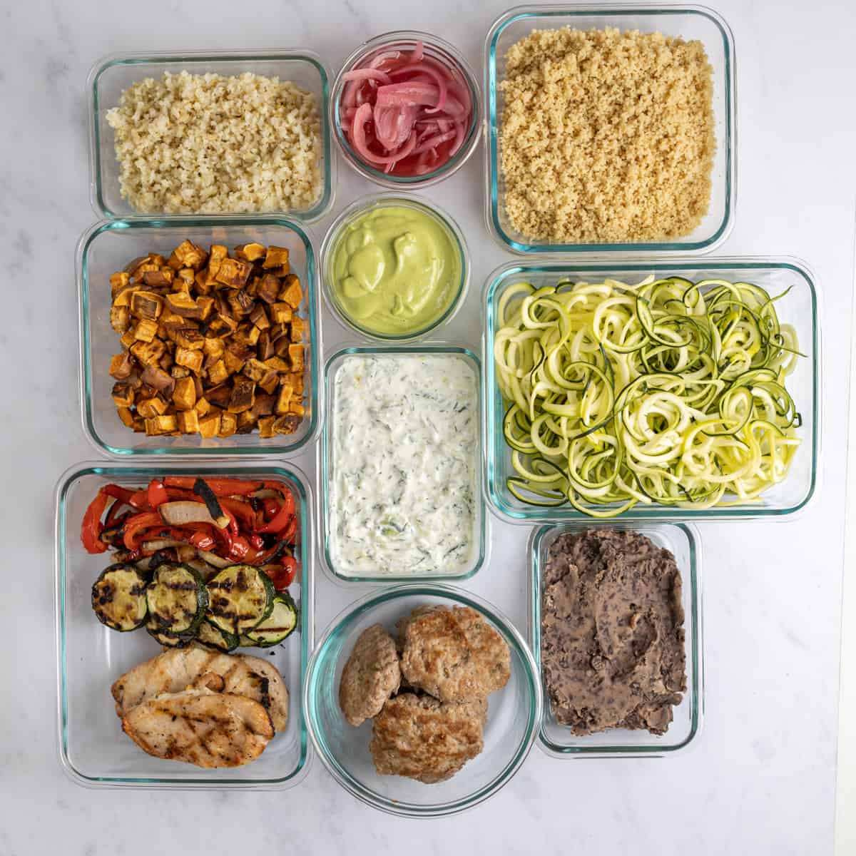 individually prepped ingredients in glass containers