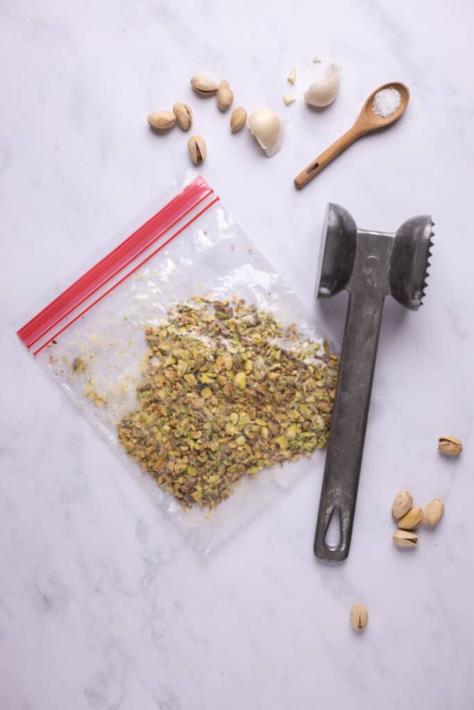 crushed pistachios in a bag