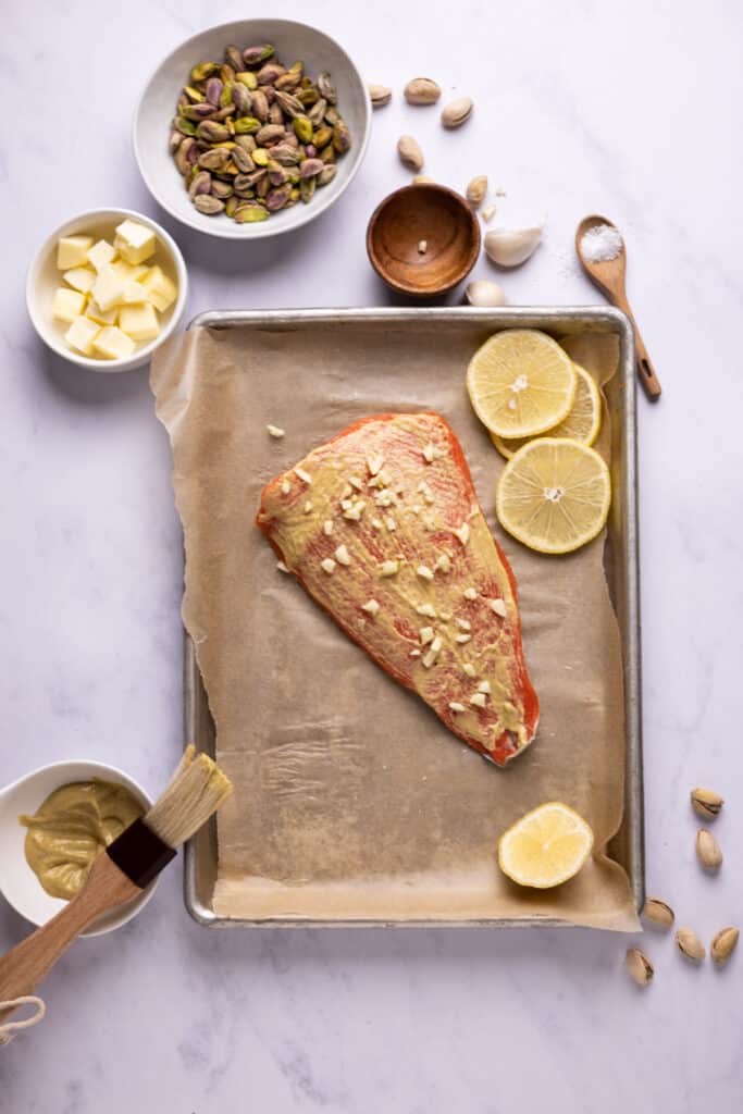 salmon on sheet pan with dijon and garlic