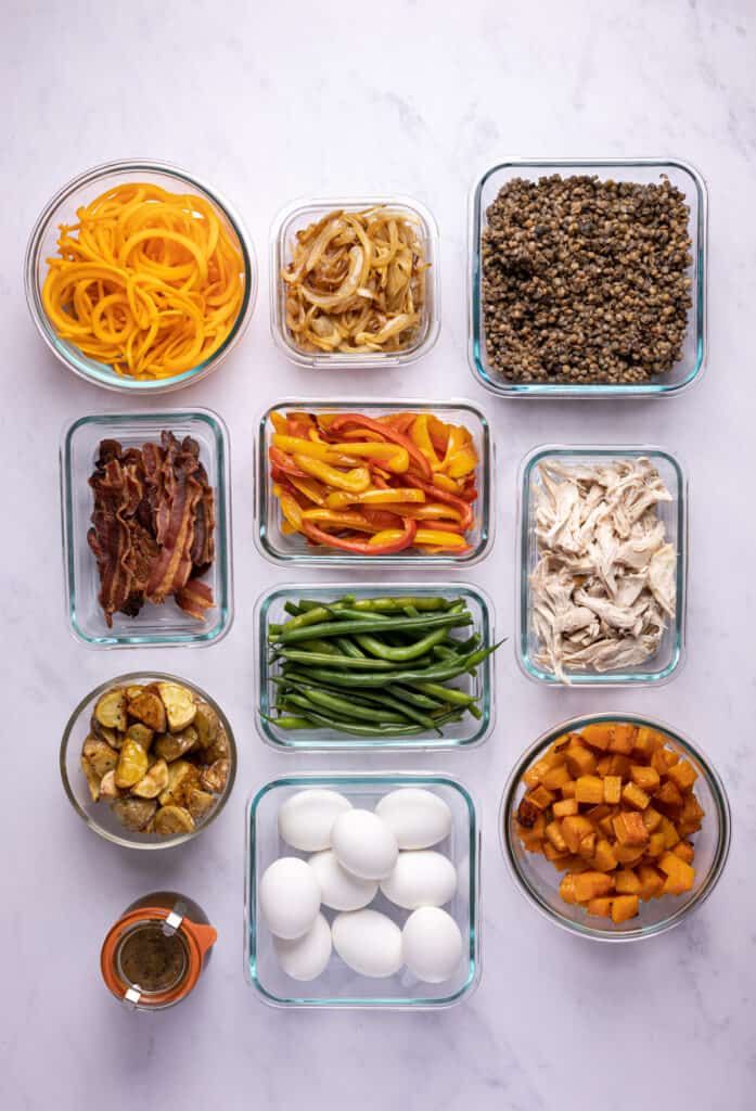 overhead of fall meal prep ingredients in glass containers