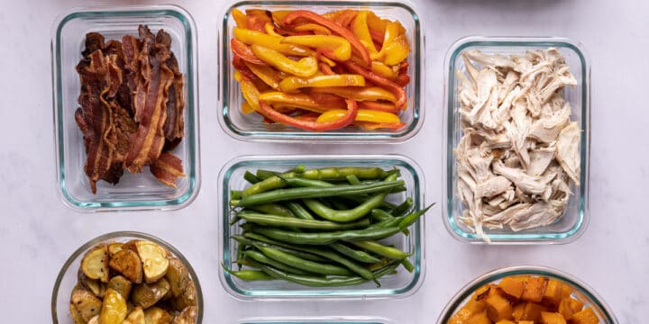 healthy fall meal prep ingredients in glass containers