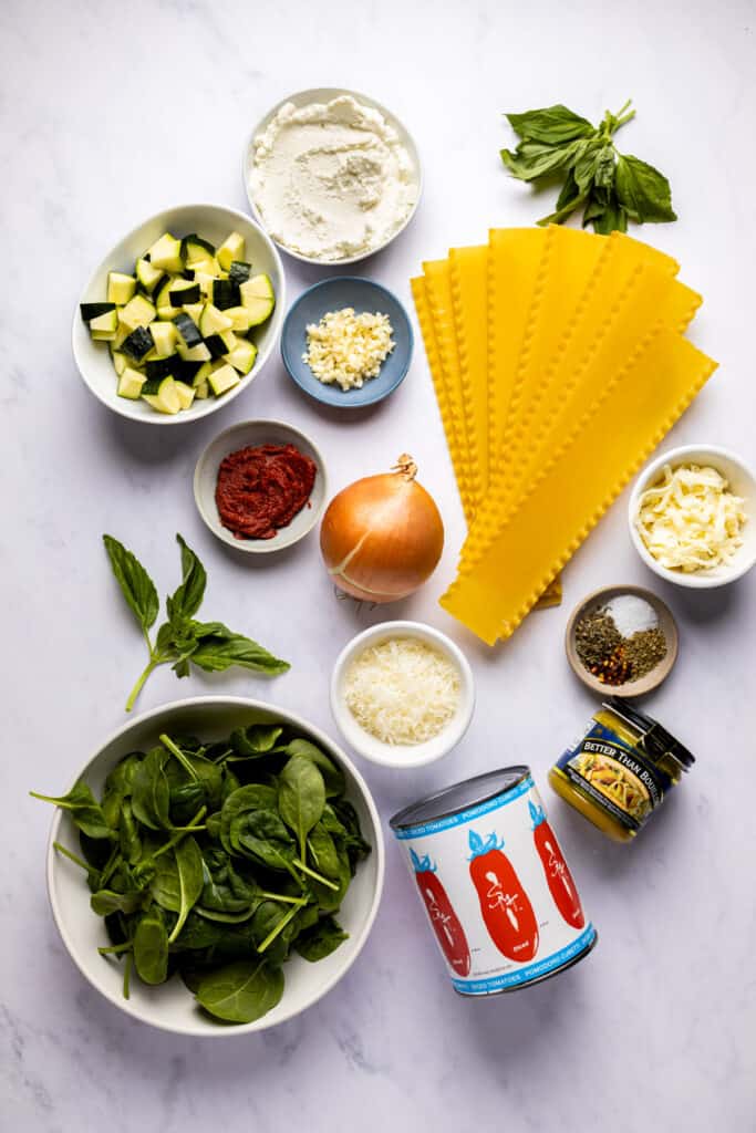 The ingredients for vegetarian lasagna soup laid out.