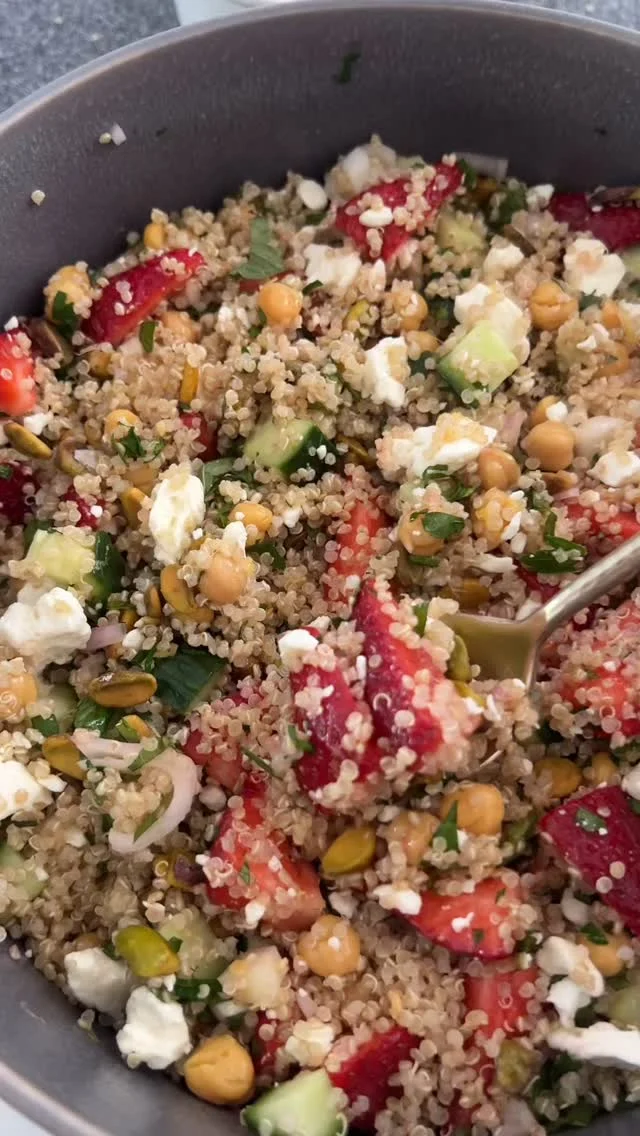 This light and bright summery quinoa salad lets peak-season strawberries shine! Lemons add a bright and zippy flavor while cucumbers and pistachios give it a beautiful crunch.  Throw in a handful of herbs, some chickpeas and salty feta for a flavorful, healthy, beautiful and fancy without the fuss salad.  Top it with some grilled chicken for a dinner you’ll want to repeat all summer long. 

Strawberry Quinoa Salad 
4 cups cooked quinoa
1 can garbanzo beans, rinsed and drained
1 cup diced cucumber
1 heaping cup of quartered strawberries
1 small shallot, minced
1/4 cup chopped fresh parsley
3 tablespoons chopped fresh mint
1 lemon, zested
3 tablespoons lemon juice (about 1 and a half lemons)
3/4 cup roasted pistachios
1/2 cup crumbled feta
3 tablespoons extra virgin olive oil
1 teaspoon sea salt
Cracked black pepper

Combine all the ingredients in a bowl and toss gently.

#quinoasalad #quinoabowl #strawberryrecipes #healthyrecipesideas #lightandhealthy #saladrecipes #saladrecipe #saladporn #prettyfood #fancywithoutthefuss