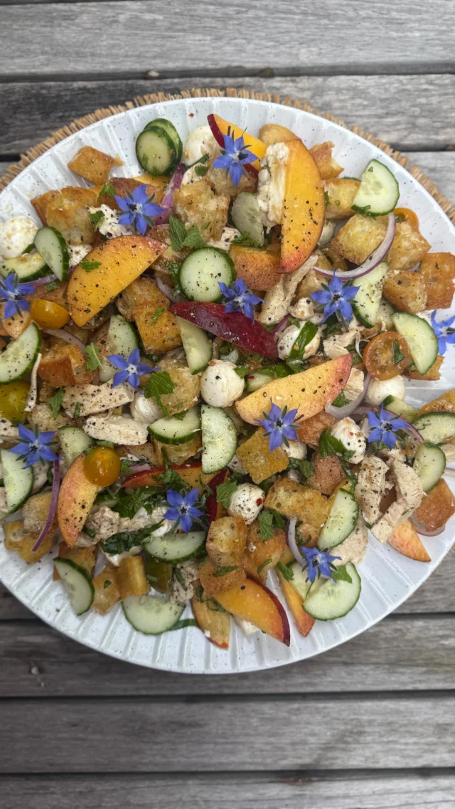 Peach and chicken panzanella salad on repeat all summer long 🍑🥗🥖🍅🍽️. 

#peachrecipes #panzanella #summersalad #summerrecipe #summerrecipes #saladrecipe #saladsofinstagram #saladporn #carblover #peaches